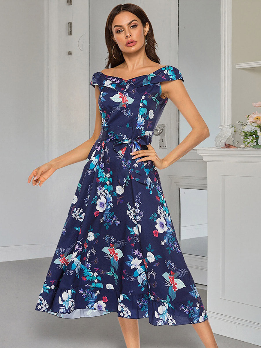 Floral Dress Floral Print Off-The-Shoulder Sleeveless Zipper Elegant Summer Long Dress
