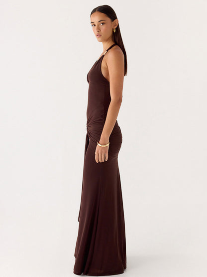 Party Dress Maxi Coffee Brown V-Neck Sleeveless Sexy Semi Formal Dress
