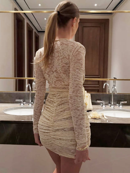 Date Night Dresses Mini Long Sleeves V-Neck Sexy Yellow Dress