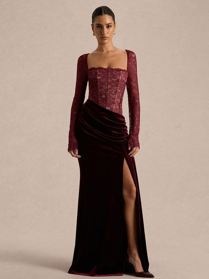 Party Dress Maxi Black Square Neck Long Sleeves Two-Tone Sexy Semi Formal Dress