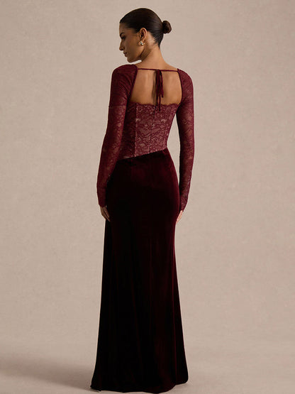 Party Dress Maxi Black Square Neck Long Sleeves Two-Tone Sexy Semi Formal Dress