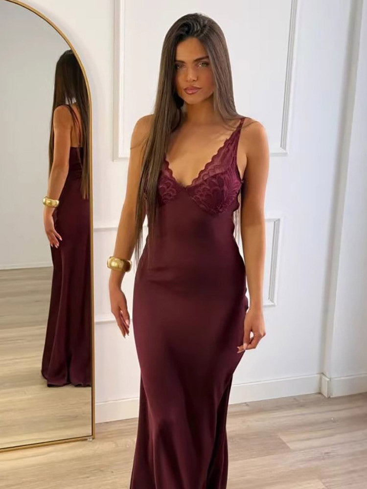 Daily Dresses Woman's Maxi Sleeveless V-Neck Sexy Apricot Dress