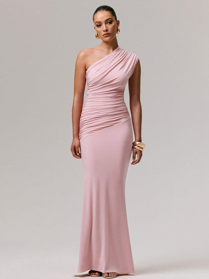 Party Dress Maxi Blue One-Shoulder Sleeveless Sexy Semi Formal Dress