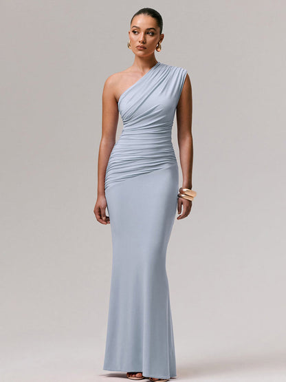Party Dress Maxi Blue One-Shoulder Sleeveless Sexy Semi Formal Dress