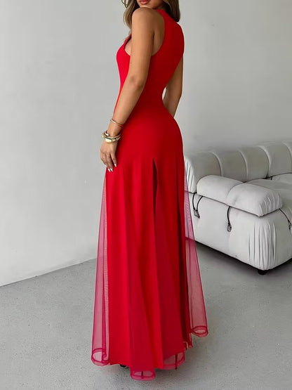 Party Dress Maxi Orange Jewel Neck Pleated Sleeveless Elegant Semi Formal Dress