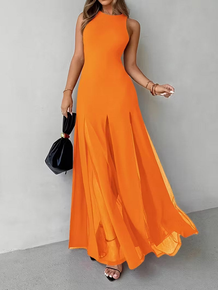 Party Dress Maxi Orange Jewel Neck Pleated Sleeveless Elegant Semi Formal Dress
