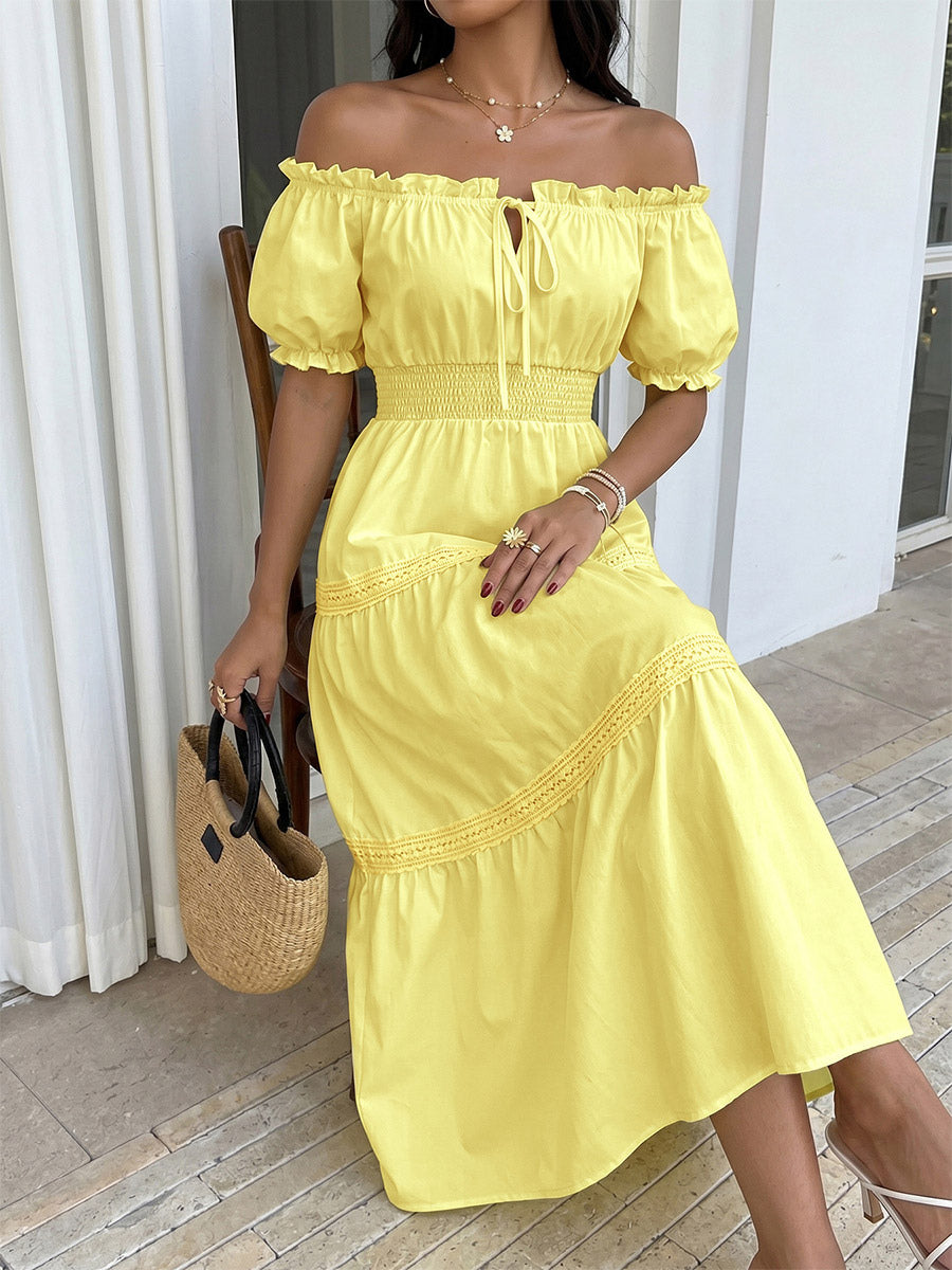Vacation Dresses Maxi Backless Ruffles Lace Up Short Sleeves Off-The-Shoulder Puff Sleeves Sexy Dress