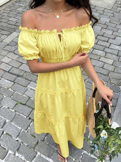 Vacation Dresses Maxi Backless Ruffles Lace Up Short Sleeves Off-The-Shoulder Puff Sleeves Sexy Dress