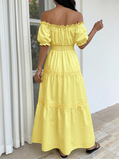 Vacation Dresses Maxi Backless Ruffles Lace Up Short Sleeves Off-The-Shoulder Puff Sleeves Sexy Dress