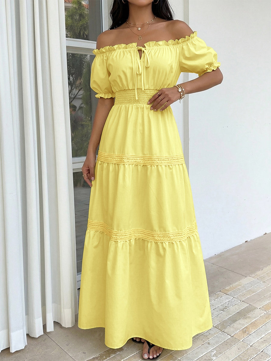 Vacation Dresses Maxi Backless Ruffles Lace Up Short Sleeves Off-The-Shoulder Puff Sleeves Sexy Dress