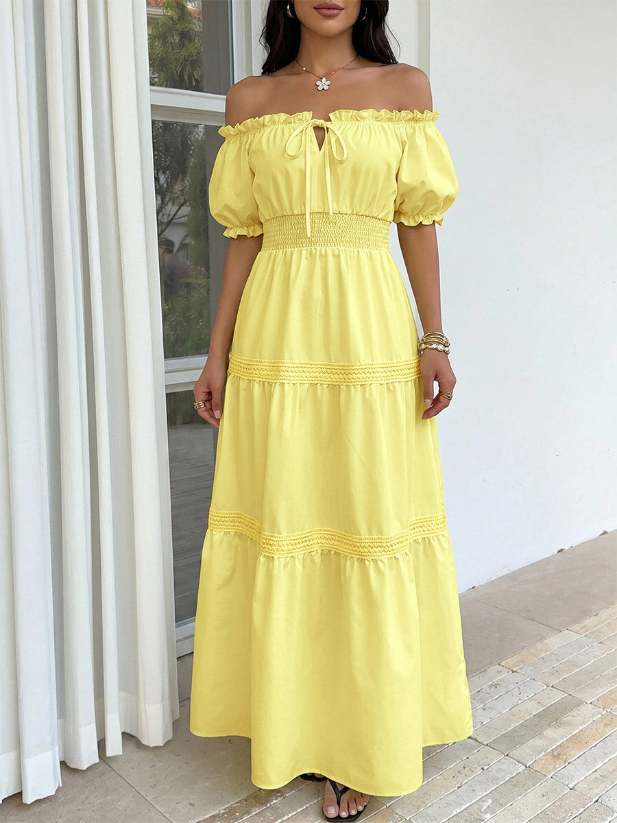 Vacation Dresses Maxi Backless Ruffles Lace Up Short Sleeves Off-The-Shoulder Puff Sleeves Sexy Dress