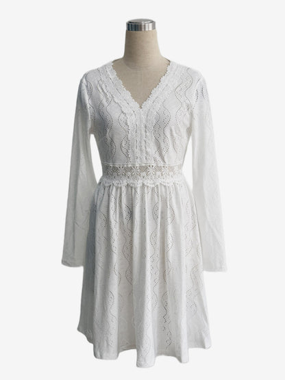 Daily Dresses Mini Woman's Dress Long Sleeves V-Neck Raised Waist Casual Lace White Dress