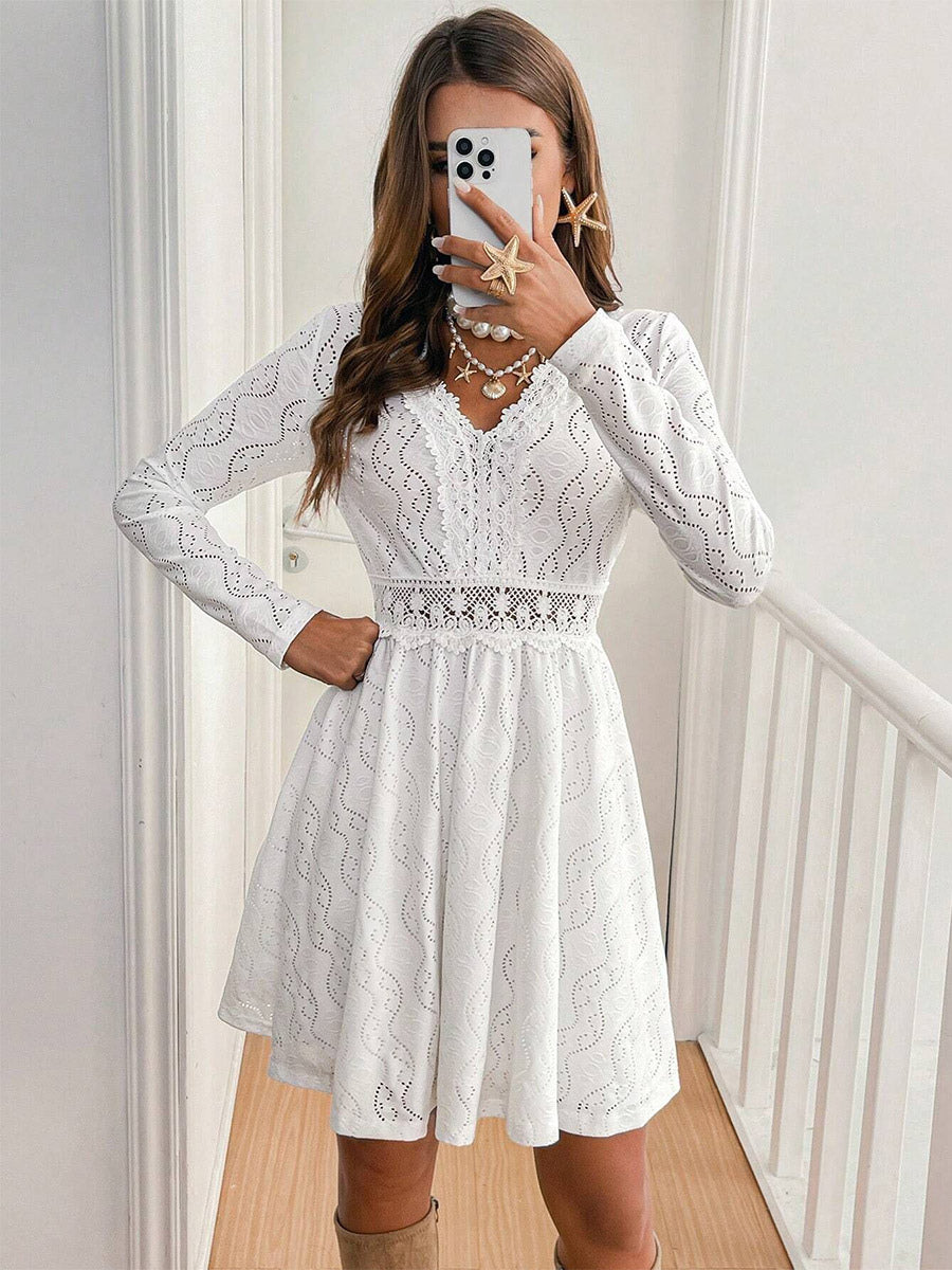 Daily Dresses Mini Woman's Dress Long Sleeves V-Neck Raised Waist Casual Lace White Dress