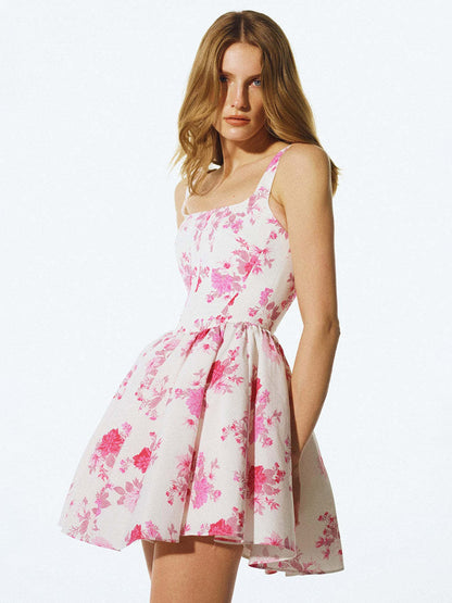 Date Night Dresses Mini Backless Pleated Sleeveless Floral Print Square Neck Sexy Dress
