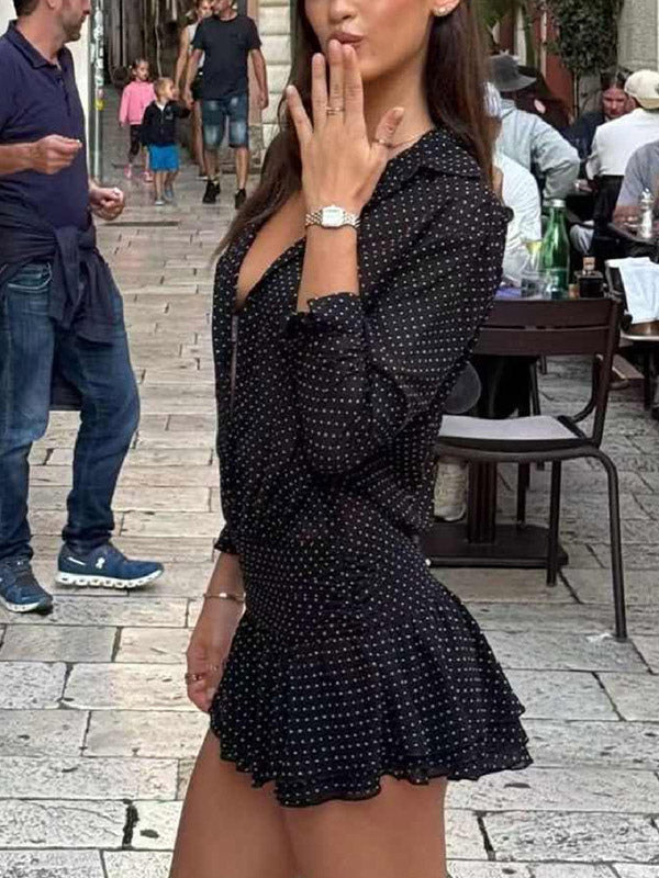 Date Night Dresses Mini Pleated Long Sleeves V-Neck Casual Black Dress