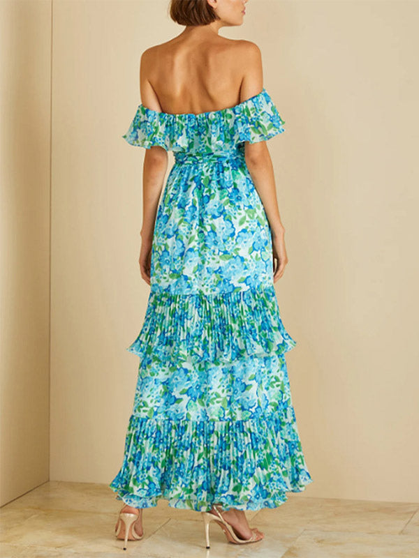 Vacation Dresses Maxi Backless Ruffles Pleated Floral Print Off-The-Shoulder Cold Shoulder Sleeve Casual Dress