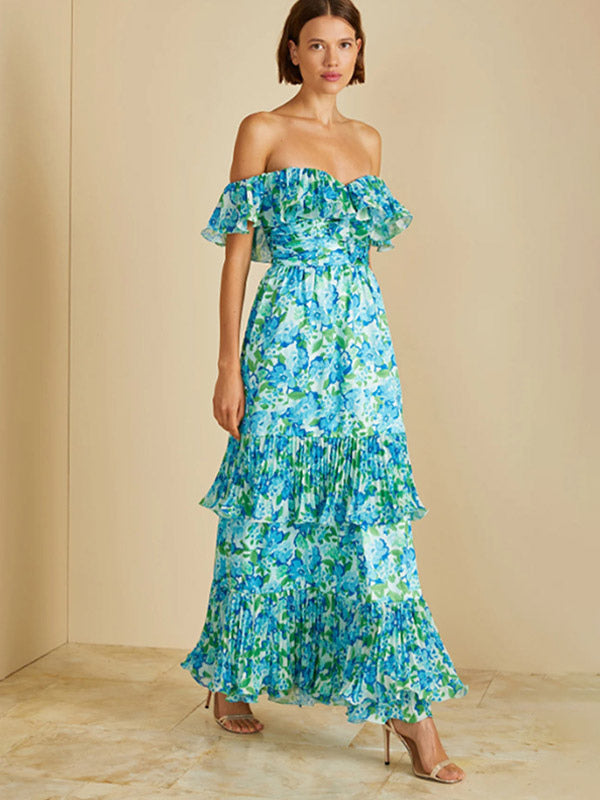 Vacation Dresses Maxi Backless Ruffles Pleated Floral Print Off-The-Shoulder Cold Shoulder Sleeve Casual Dress