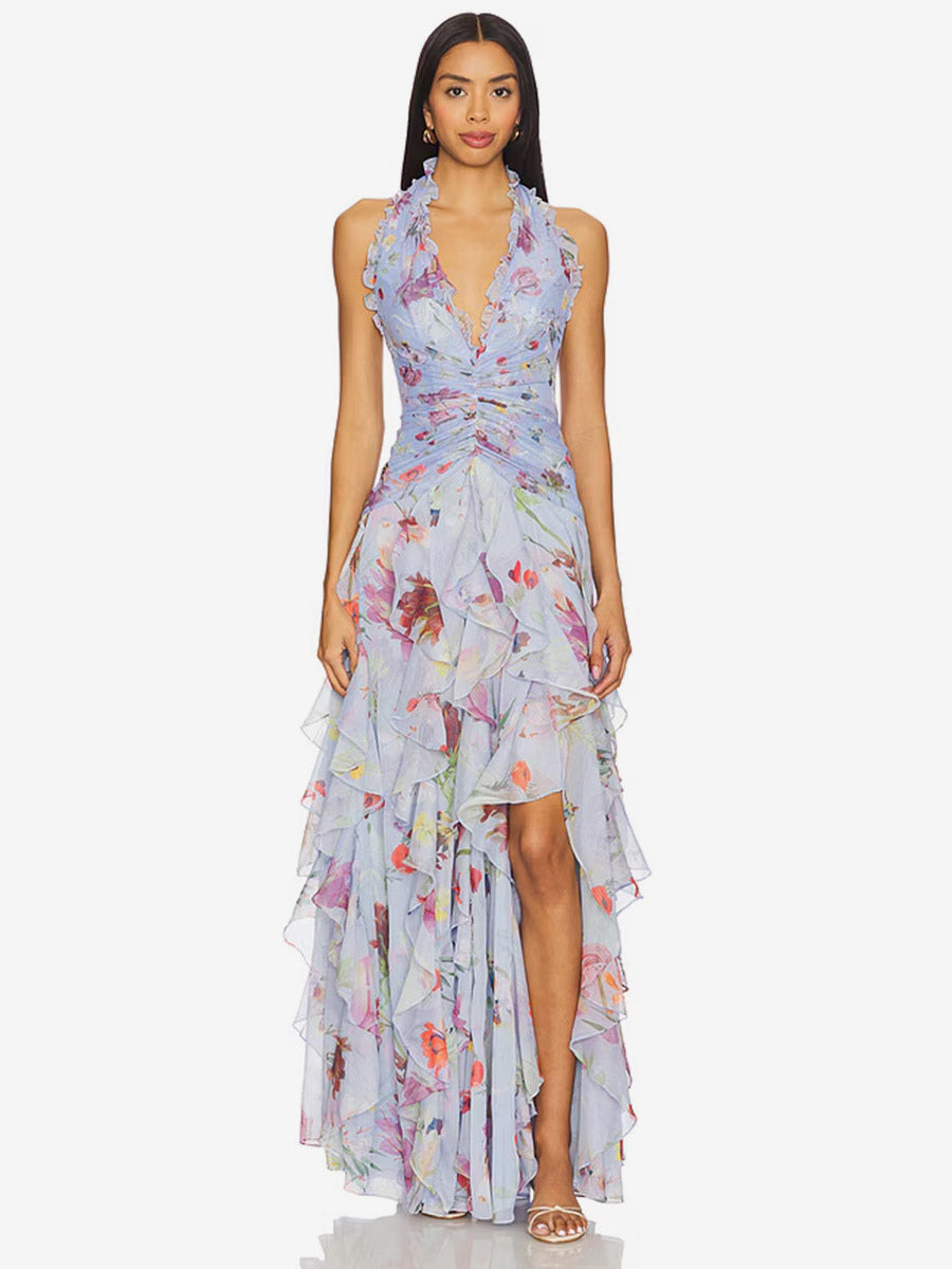 Vacation Dresses Maxi Backless Lace Up Pleated Sleeveless Floral Print V-Neck Sweet Light Gray Dress