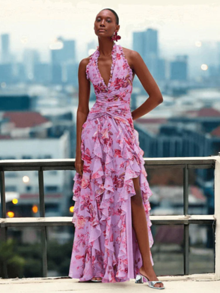 Vacation Dresses Maxi Backless Lace Up Pleated Sleeveless Floral Print V-Neck Sweet Light Gray Dress