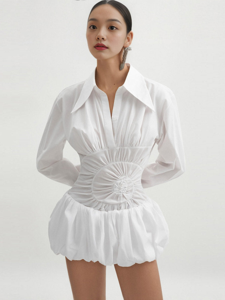 Daily Dresses Mini White Buttons Long Sleeves Turndown Collar Dress