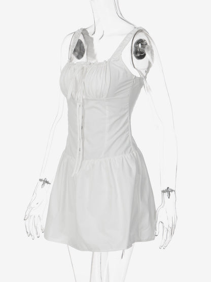 Party Dresses Mini White Straps Neck Lace Up Sleeveless Pleated Casual Semi Formal Dress