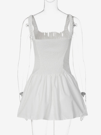 Party Dresses Mini White Straps Neck Lace Up Sleeveless Pleated Casual Semi Formal Dress