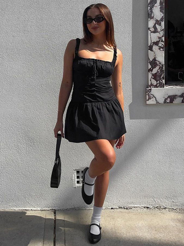 Party Dresses Mini White Straps Neck Lace Up Sleeveless Pleated Casual Semi Formal Dress