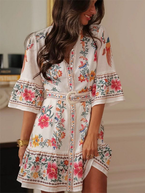 Daily Dresses Woman's Mini Sash Half Sleeves Stand Collar Natural Waist Floral Print Dress