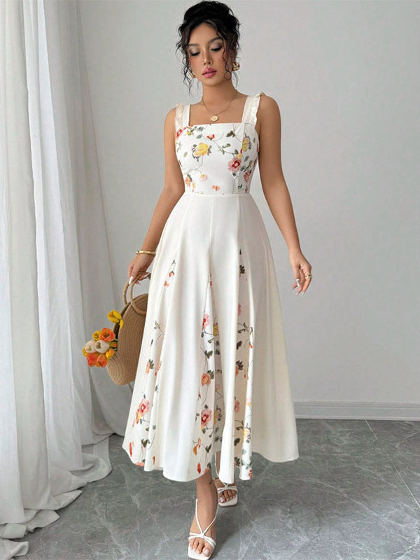 Date Night Dresses Maxi Backless Flowers Pleated Sleeveless Floral Print Square Neck Sweet Dress