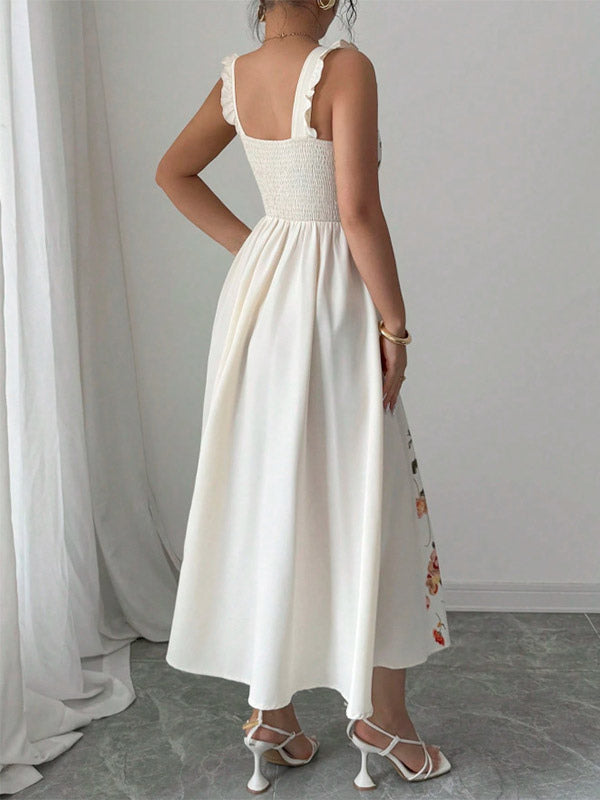 Date Night Dresses Maxi Backless Flowers Pleated Sleeveless Floral Print Square Neck Sweet Dress