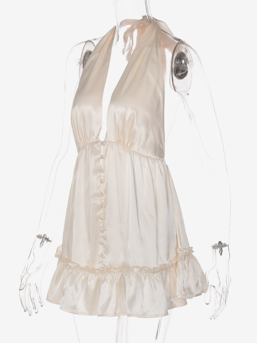 Date Night Dresses Mini Pleated Lace Up Sleeveless Halter Sweet Champagne Dress