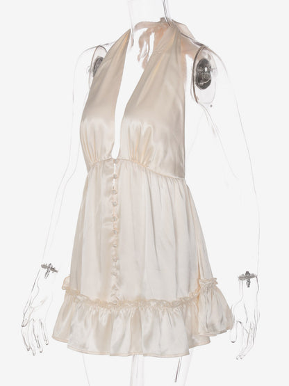 Date Night Dresses Mini Pleated Lace Up Sleeveless Halter Sweet Champagne Dress
