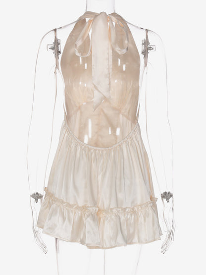Date Night Dresses Mini Pleated Lace Up Sleeveless Halter Sweet Champagne Dress