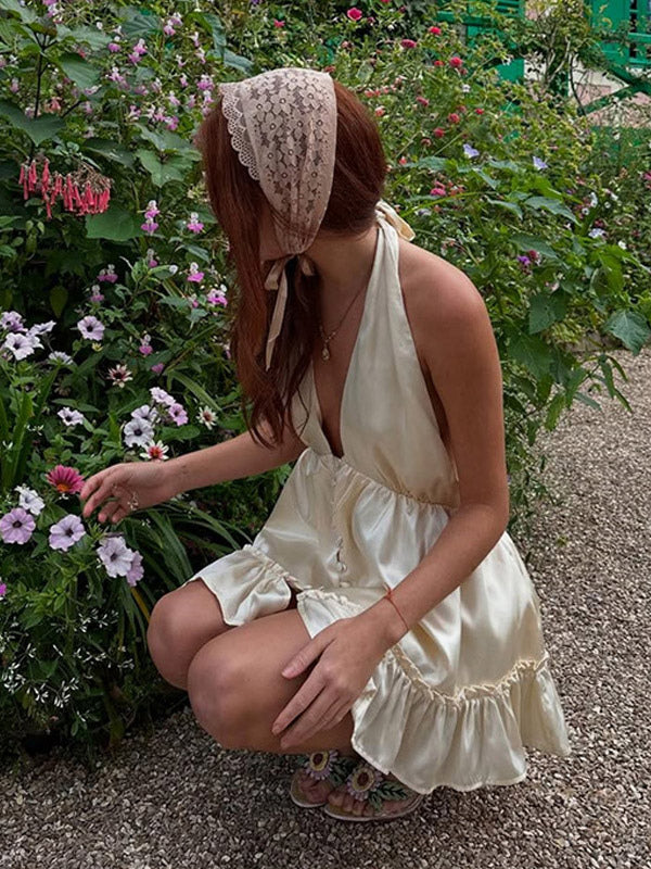 Date Night Dresses Mini Pleated Lace Up Sleeveless Halter Sweet Champagne Dress