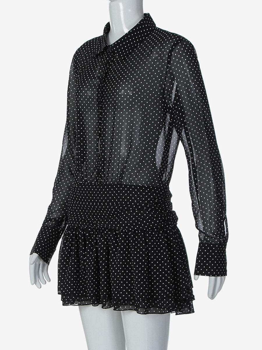 Date Night Dresses Mini Pleated Long Sleeves V-Neck Casual Black Dress