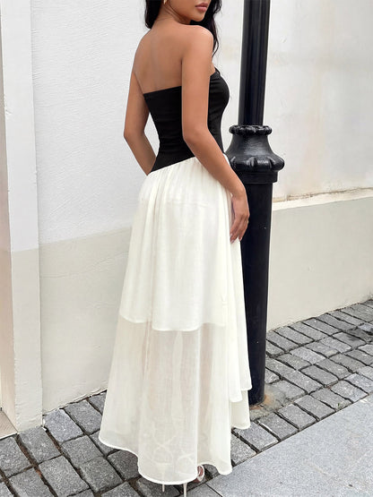 Date Night Dresses Maxi Backless Bows Sleeveless Bow Off-The-Shoulder Sweet Black+White Dress