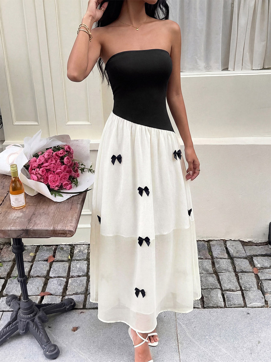 Date Night Dresses Maxi Backless Bows Sleeveless Bow Off-The-Shoulder Sweet Black+White Dress