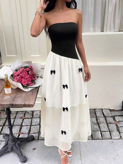Date Night Dresses Maxi Backless Bows Sleeveless Bow Off-The-Shoulder Sweet Black+White Dress