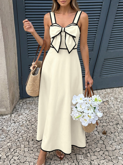 Date Night Dresses Maxi Backless Pleated Bows Sleeveless Off-The-Shoulder Sweet Ecru White Dress