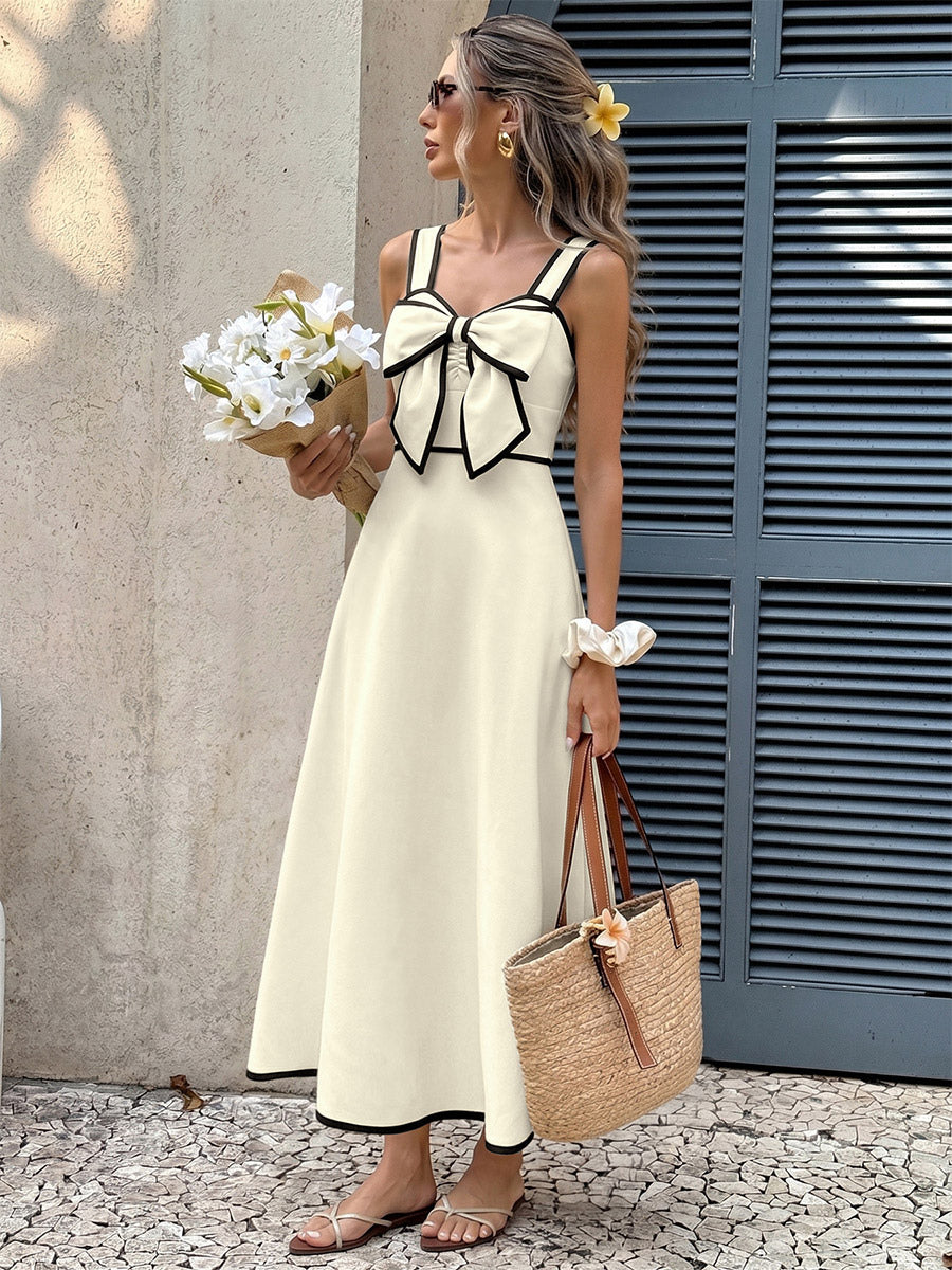 Date Night Dresses Maxi Backless Pleated Bows Sleeveless Off-The-Shoulder Sweet Ecru White Dress