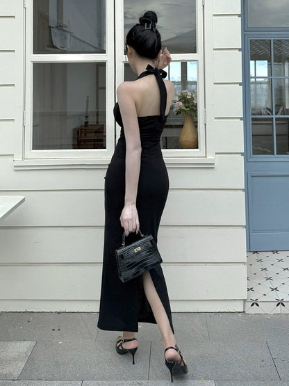 Date Night Dresses Maxi Backless Lace Up Sleeveless Halter Elegant Black Dress