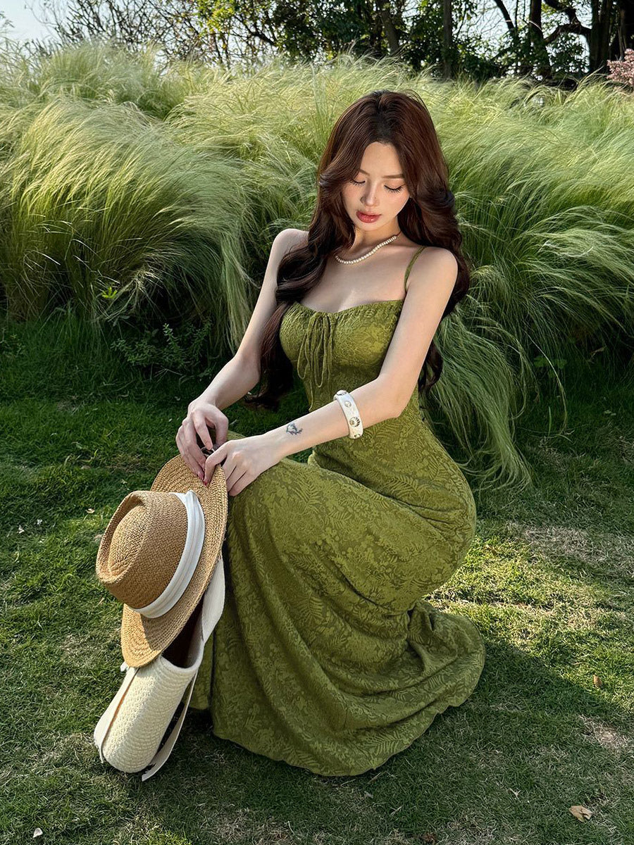 Date Night Dresses Maxi Backless Strappy Zipper Sleeveless Floral Print Off-The-Shoulder Sweet Green Dress
