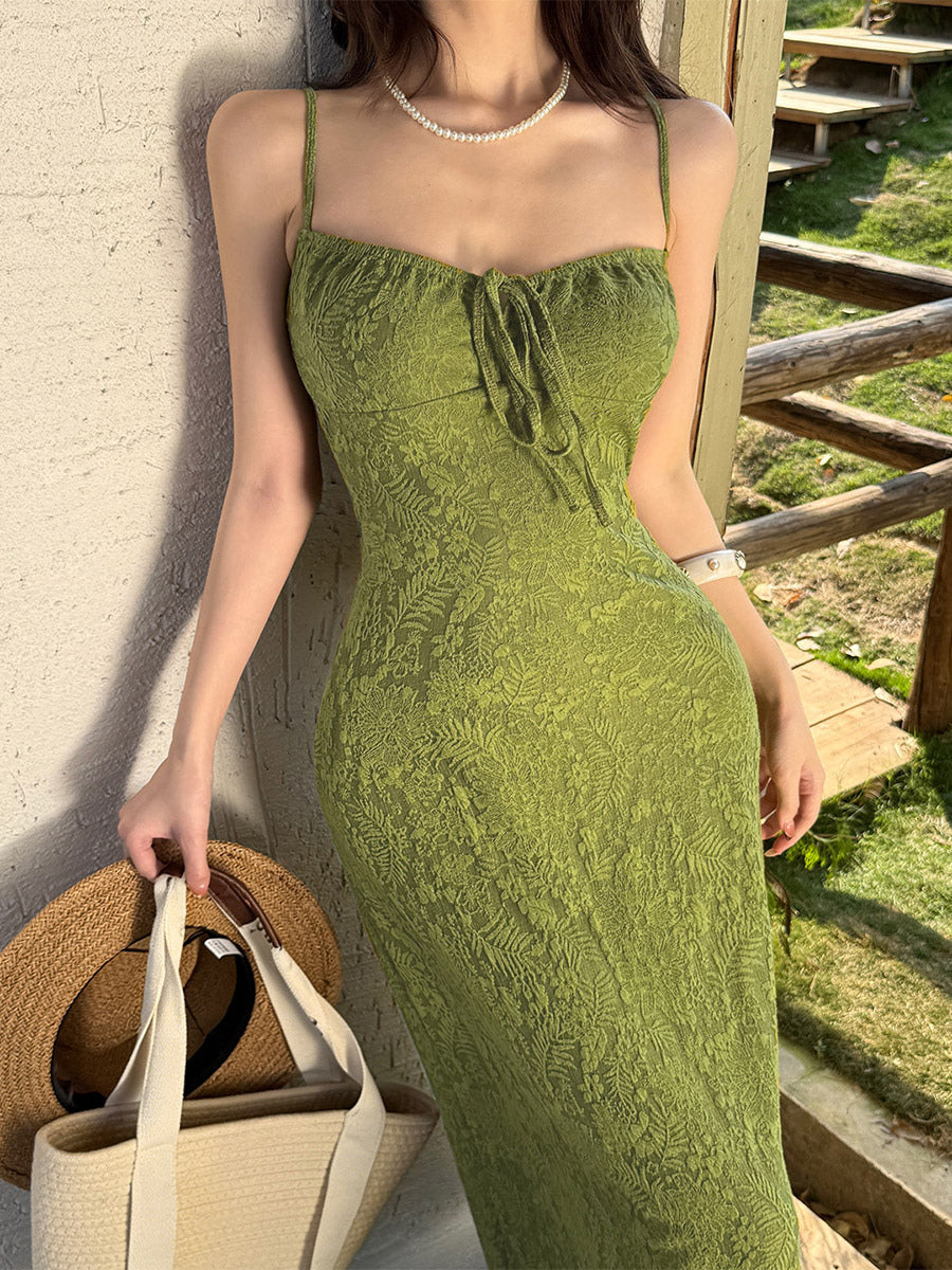 Date Night Dresses Maxi Backless Strappy Zipper Sleeveless Floral Print Off-The-Shoulder Sweet Green Dress