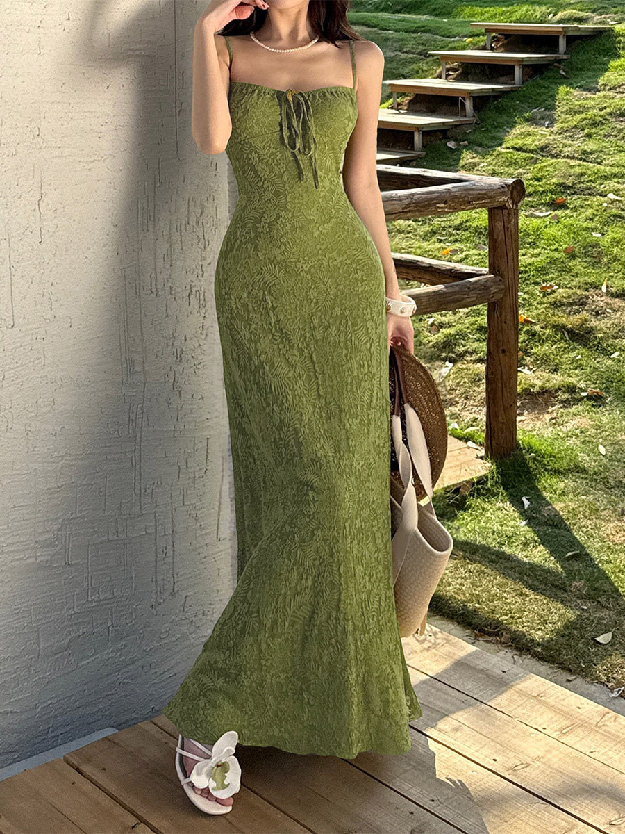 Date Night Dresses Maxi Backless Strappy Zipper Sleeveless Floral Print Off-The-Shoulder Sweet Green Dress