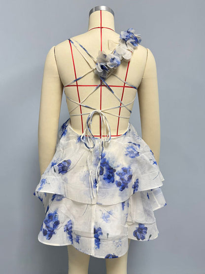 Vacation Dresses Mini Backless Flowers Lace Up Sleeveless Floral Print V-Neck Casual Pink Dress