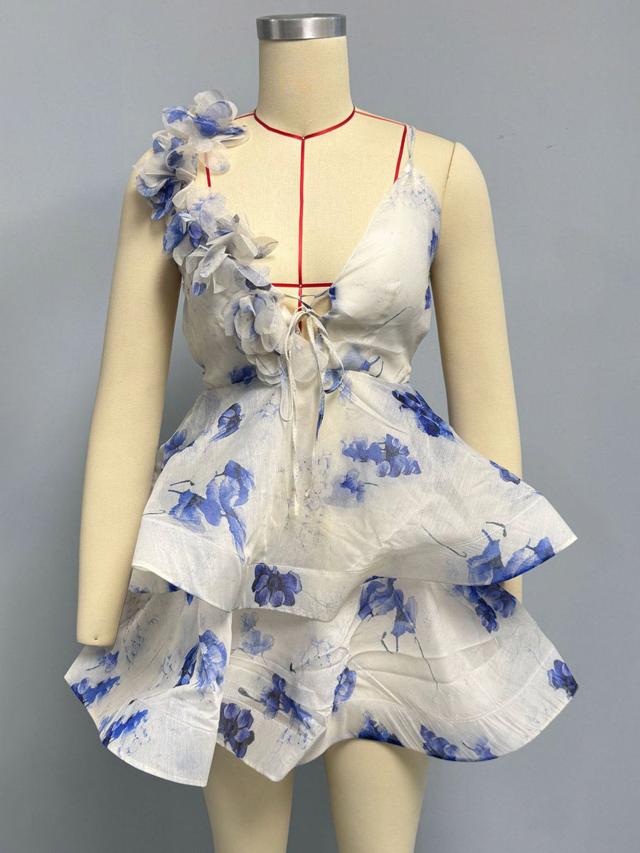Vacation Dresses Mini Backless Flowers Lace Up Sleeveless Floral Print V-Neck Casual Pink Dress