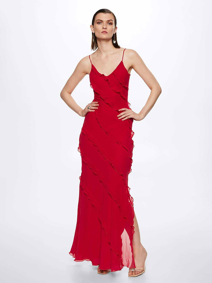 Party Dress Maxi Black Straps Neck Ruffles Sleeveless Backless Elegant Semi Formal Dress