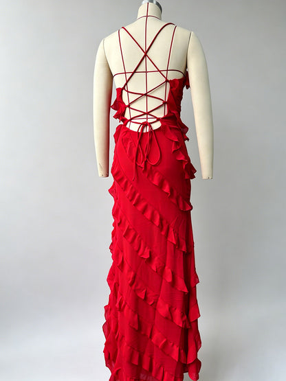 Party Dress Maxi Orange Off-The-Shoulder Ruffles Sleeveless Backless Elegant Semi Formal Dress Dress
