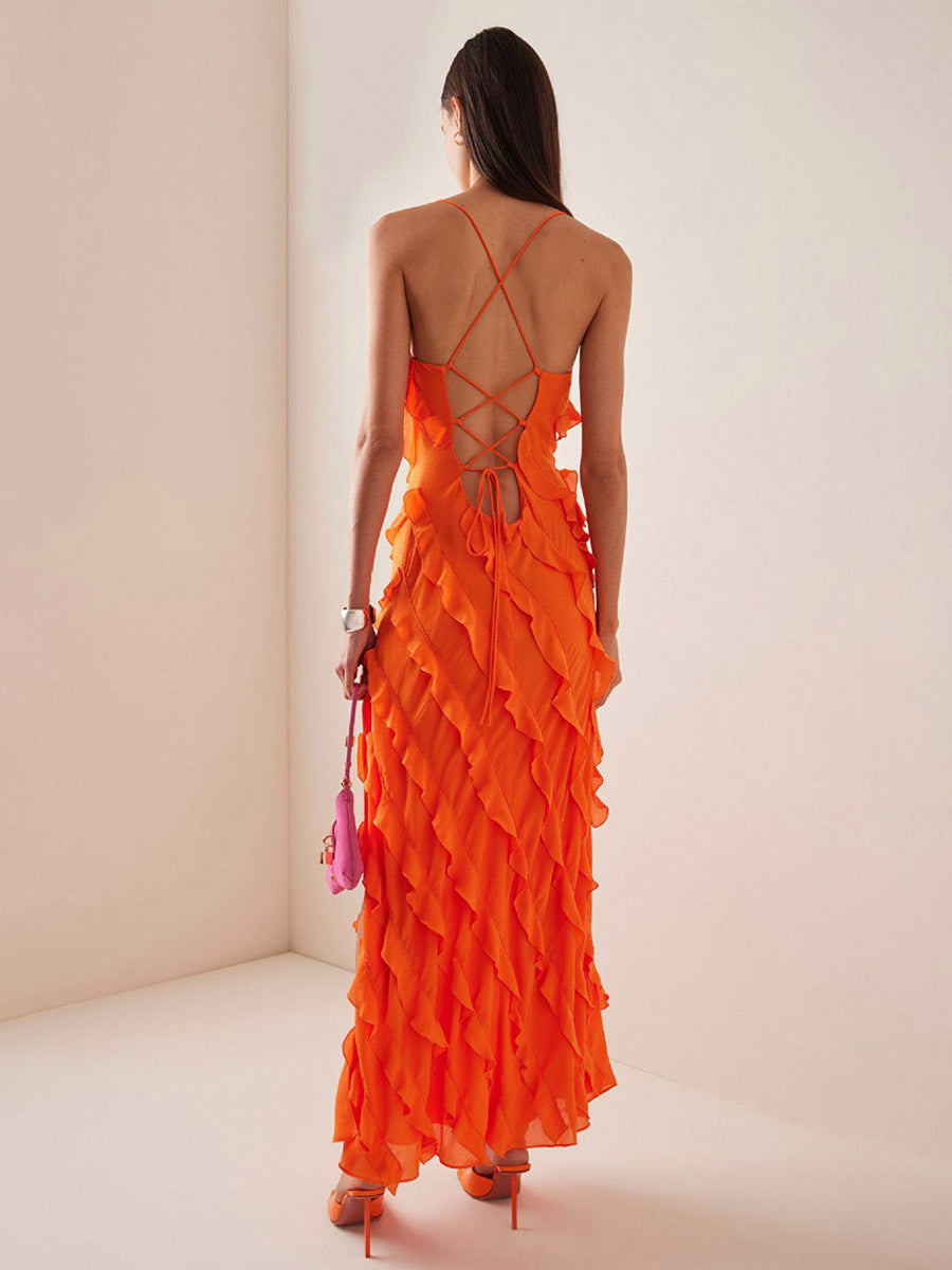 Party Dress Maxi Orange Off-The-Shoulder Ruffles Sleeveless Backless Elegant Semi Formal Dress Dress