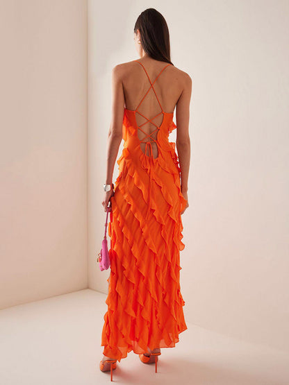 Party Dress Maxi Orange Off-The-Shoulder Ruffles Sleeveless Backless Elegant Semi Formal Dress Dress